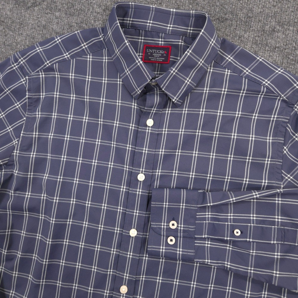 UNTUCKit Shirt Mens M Blue Windowpane Tayson Performance Slim Fit Long Sleeve